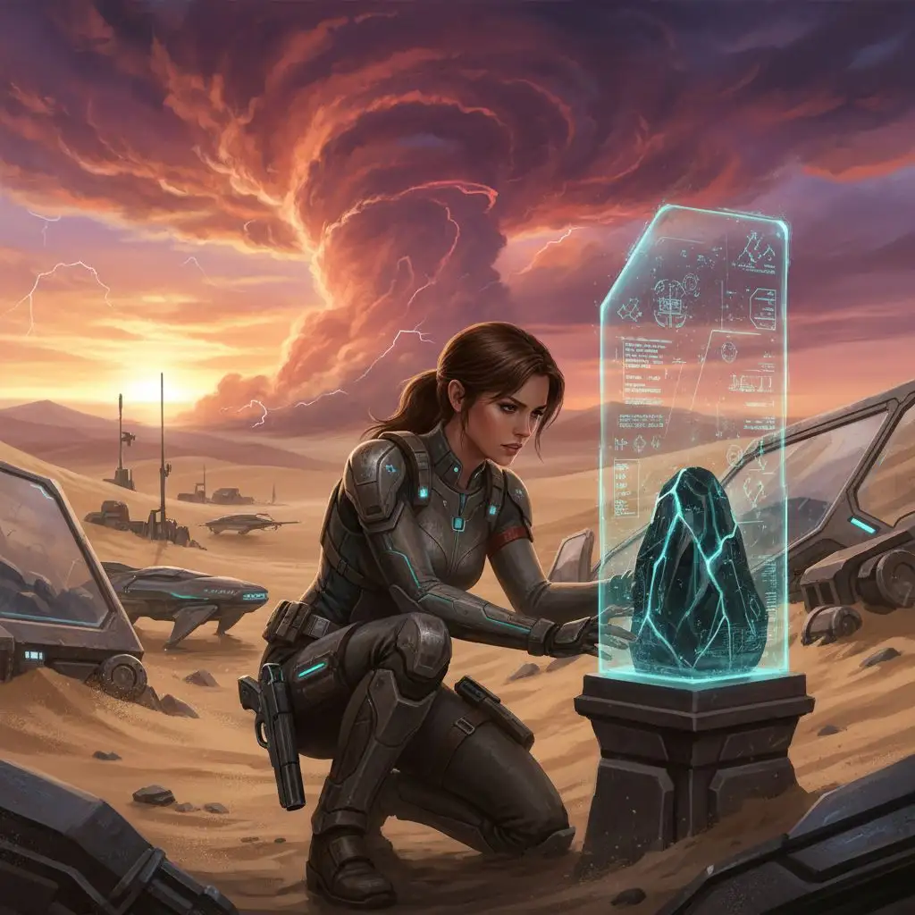 Lara Croft in a futuristic desert outpost, AI generated fan art.