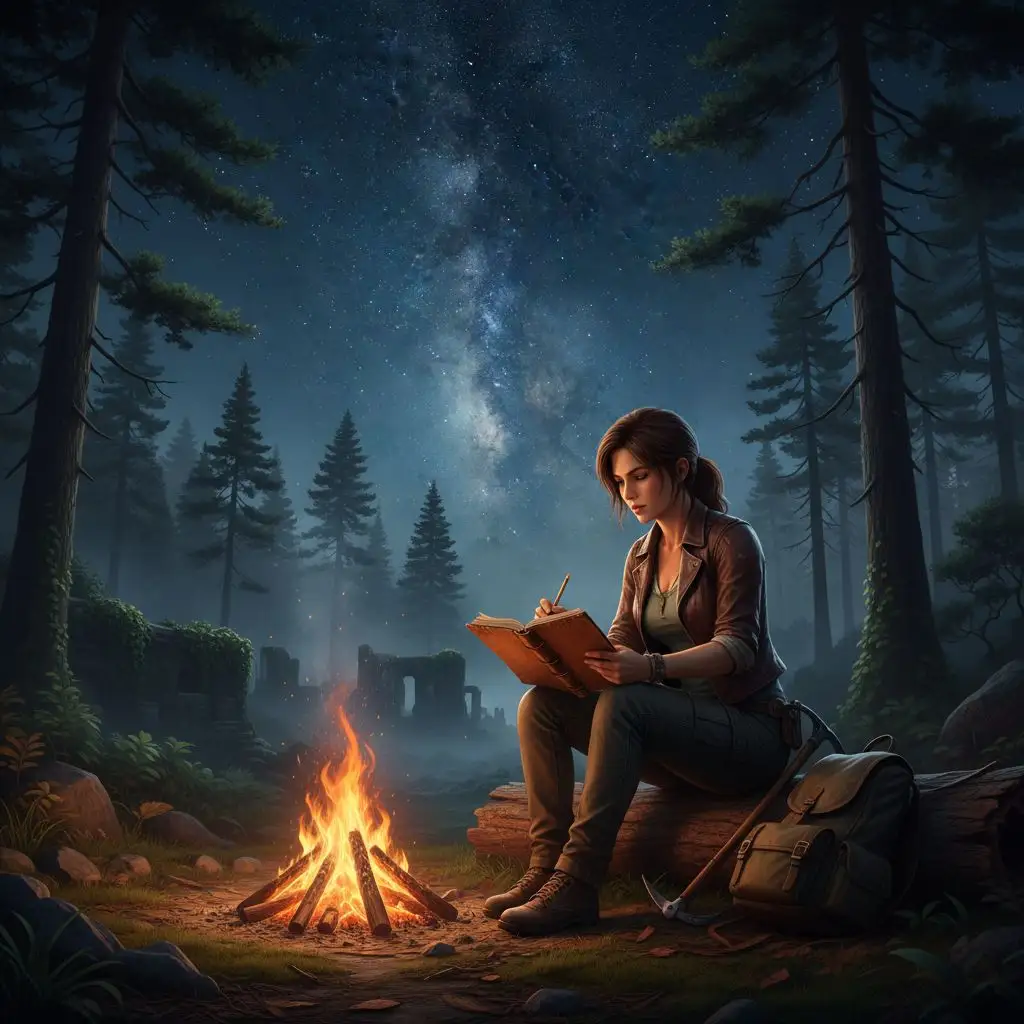 Lara Croft journaling by a campfire, AI generated fan art.
