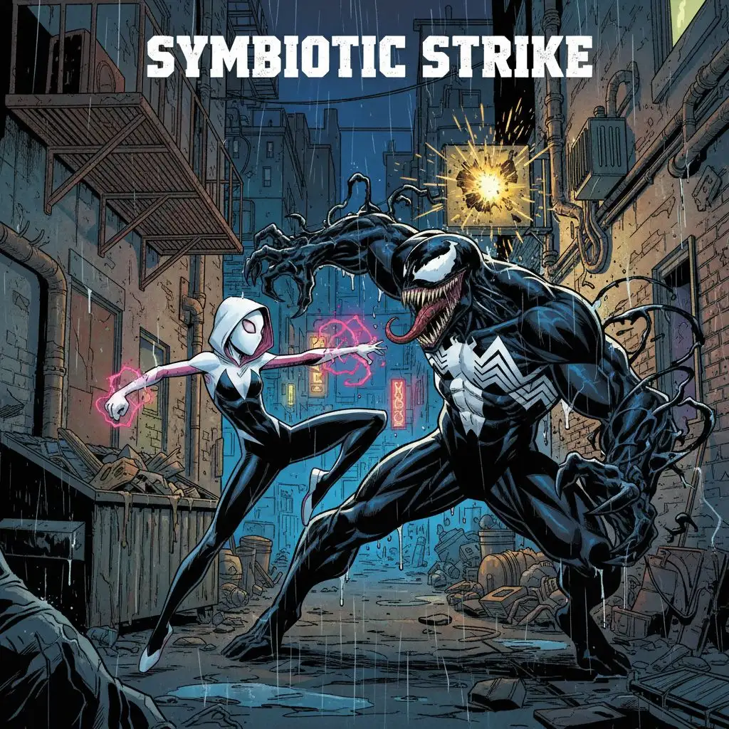 Spider Gwen fighting Venom in a dark alley, intense comic book art.