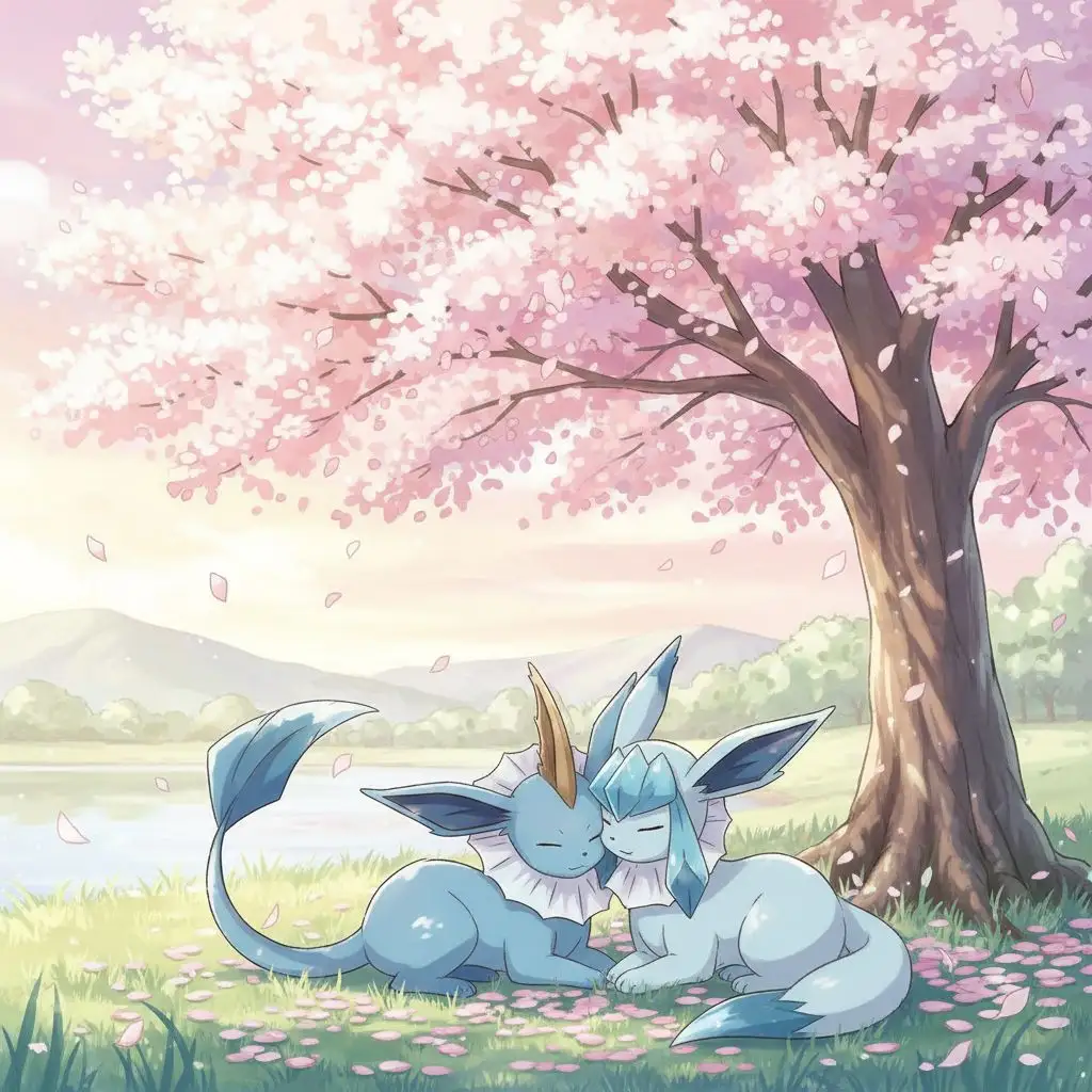 Vaporeon and Glaceon under cherry blossoms