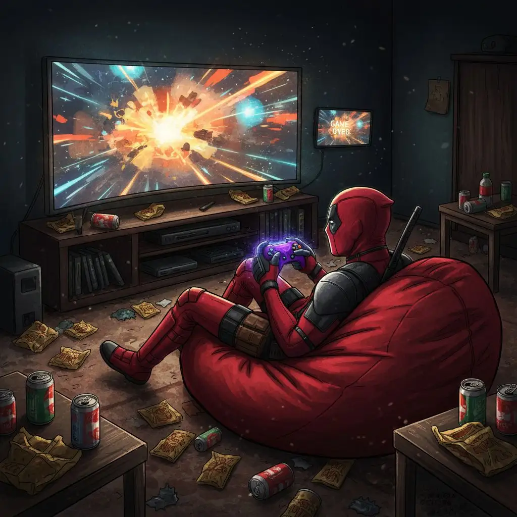 Deadpool playing video games intensely in a messy living room.