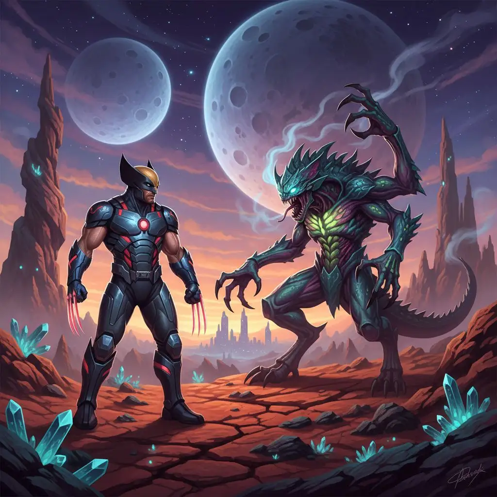 Wolverine in futuristic armor on alien planet fighting monster, sci-fi fantasy art.