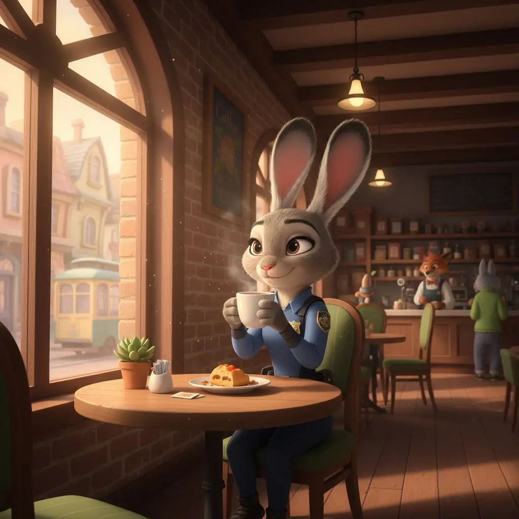 Judy Hopps enjoying coffee in a cozy Zootopian cafe.