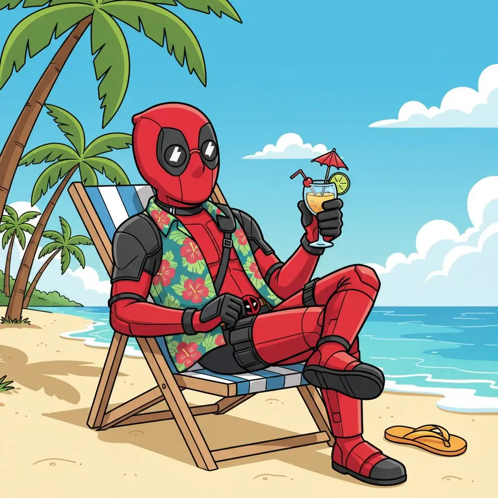 Deadpool relaxing on a tropical beach in sunglasses and a Hawaiian shirt.