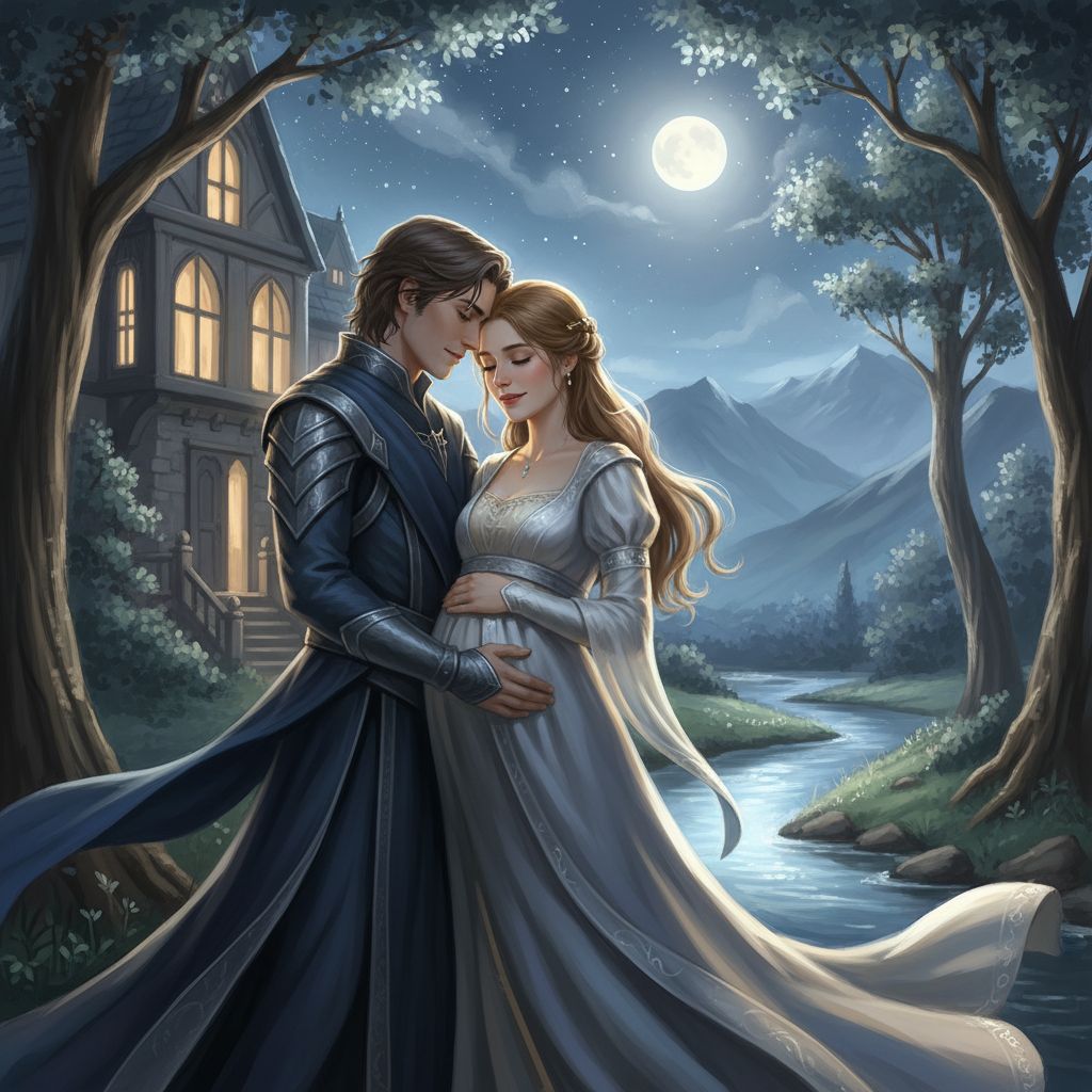 Feyre and Rhysand in a tender moonlight embrace by river house, Feyre pregnant.