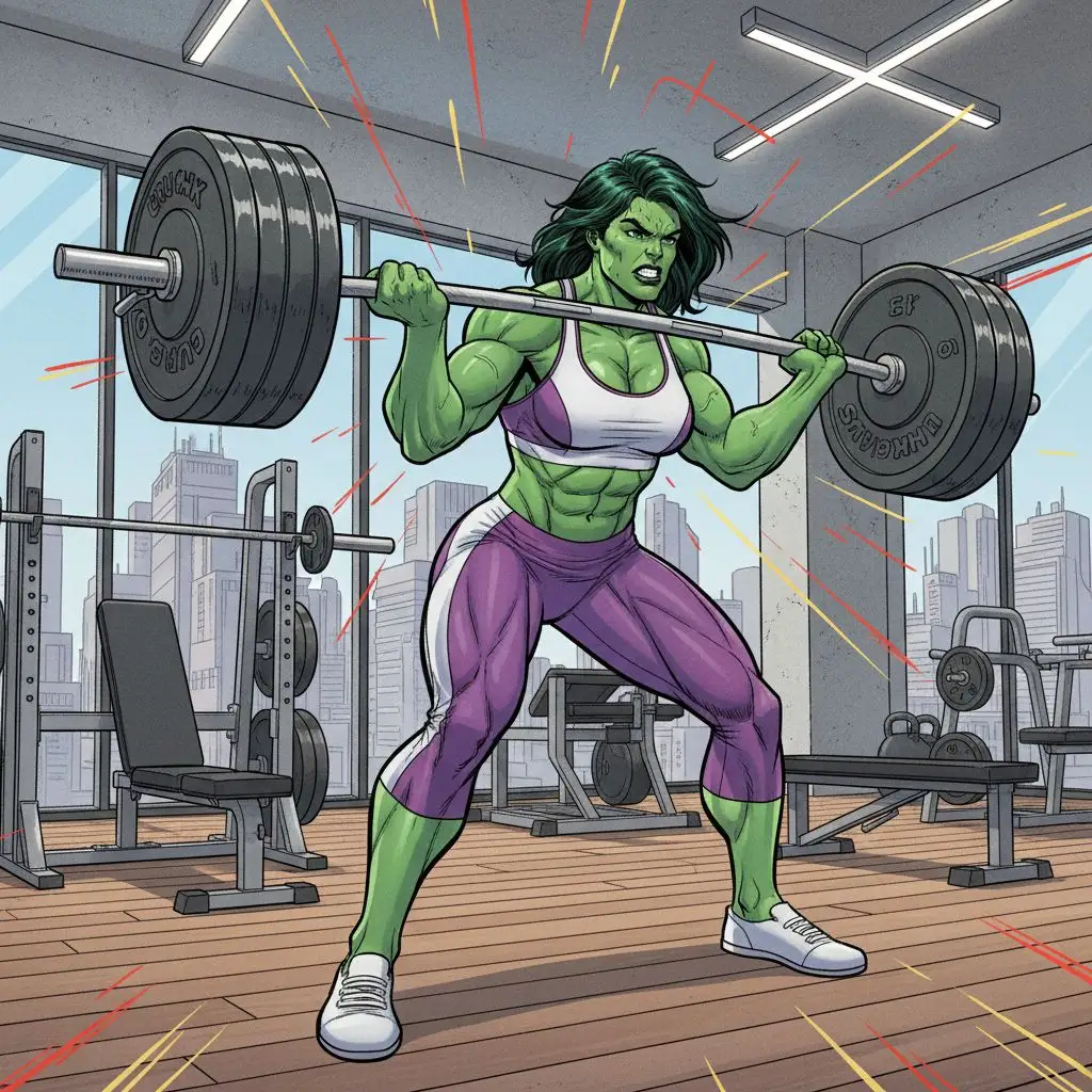 She Hulk intensely working out in a modern gym, depicting strength and transformation.