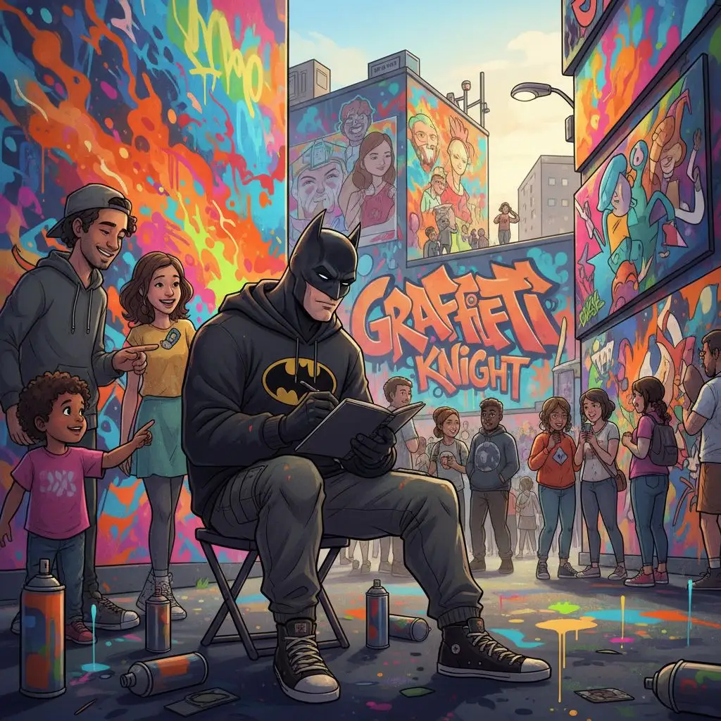 Stylized Batman sketching at a vibrant street art festival, dynamic street-art style.