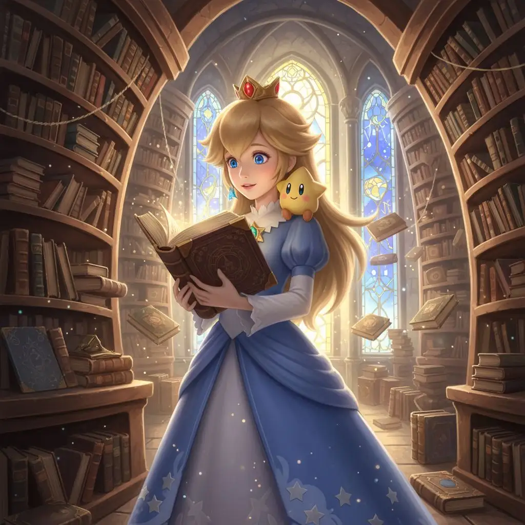 Rosalina reading an ancient book in a grand library with Lumas.