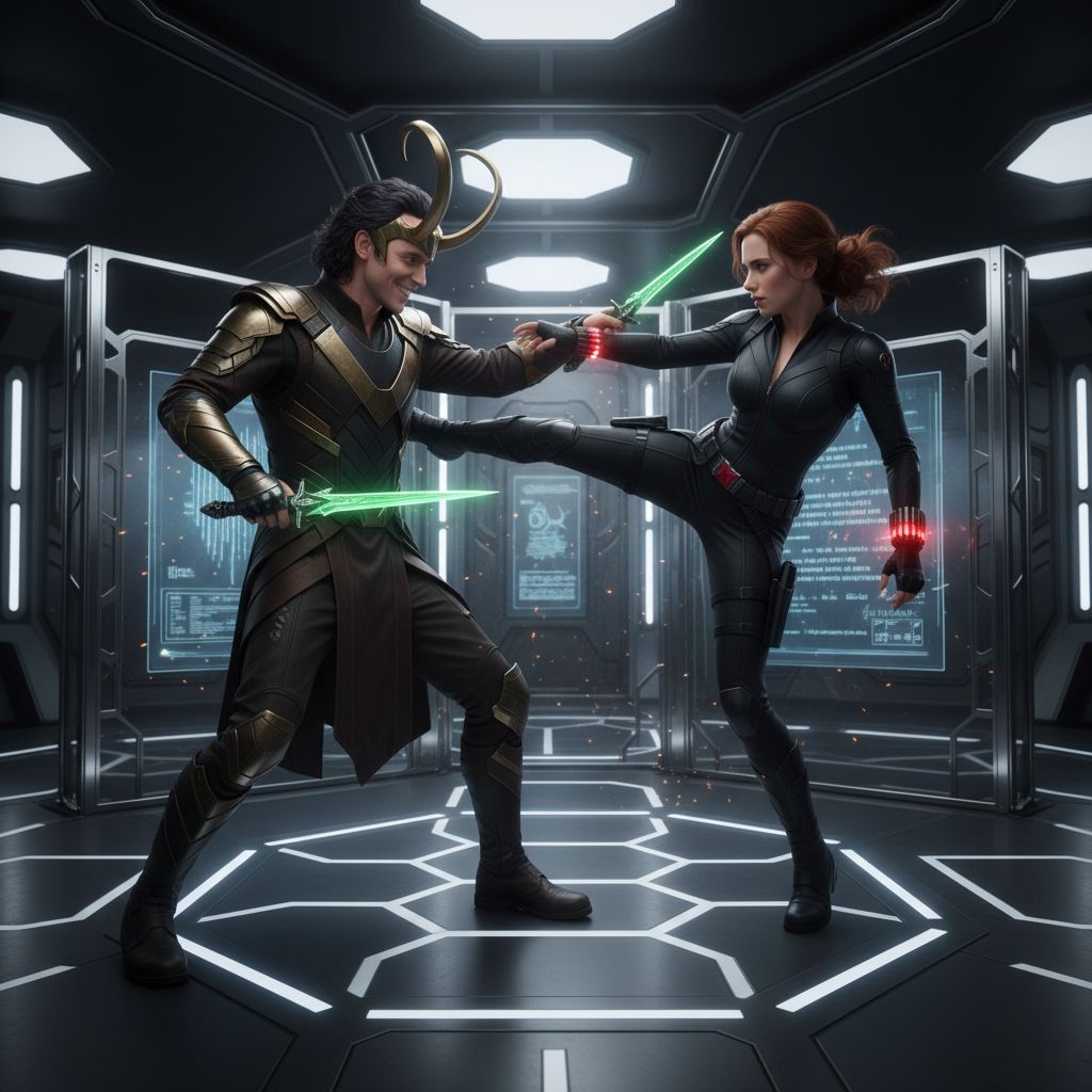 Loki and Black Widow sparring in high-tech facility, cinematic action.