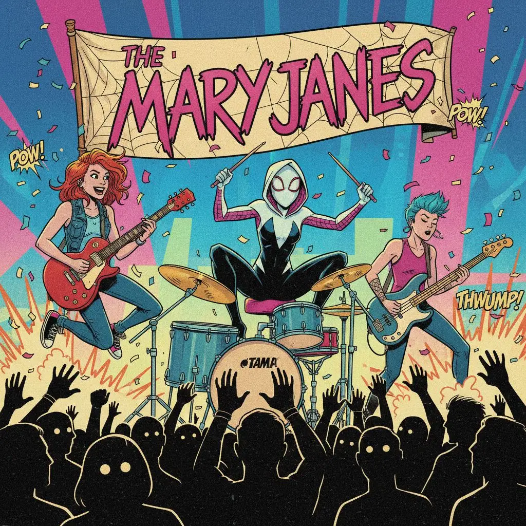 Spider Gwen playing drums with her band on stage, vibrant pop art style.