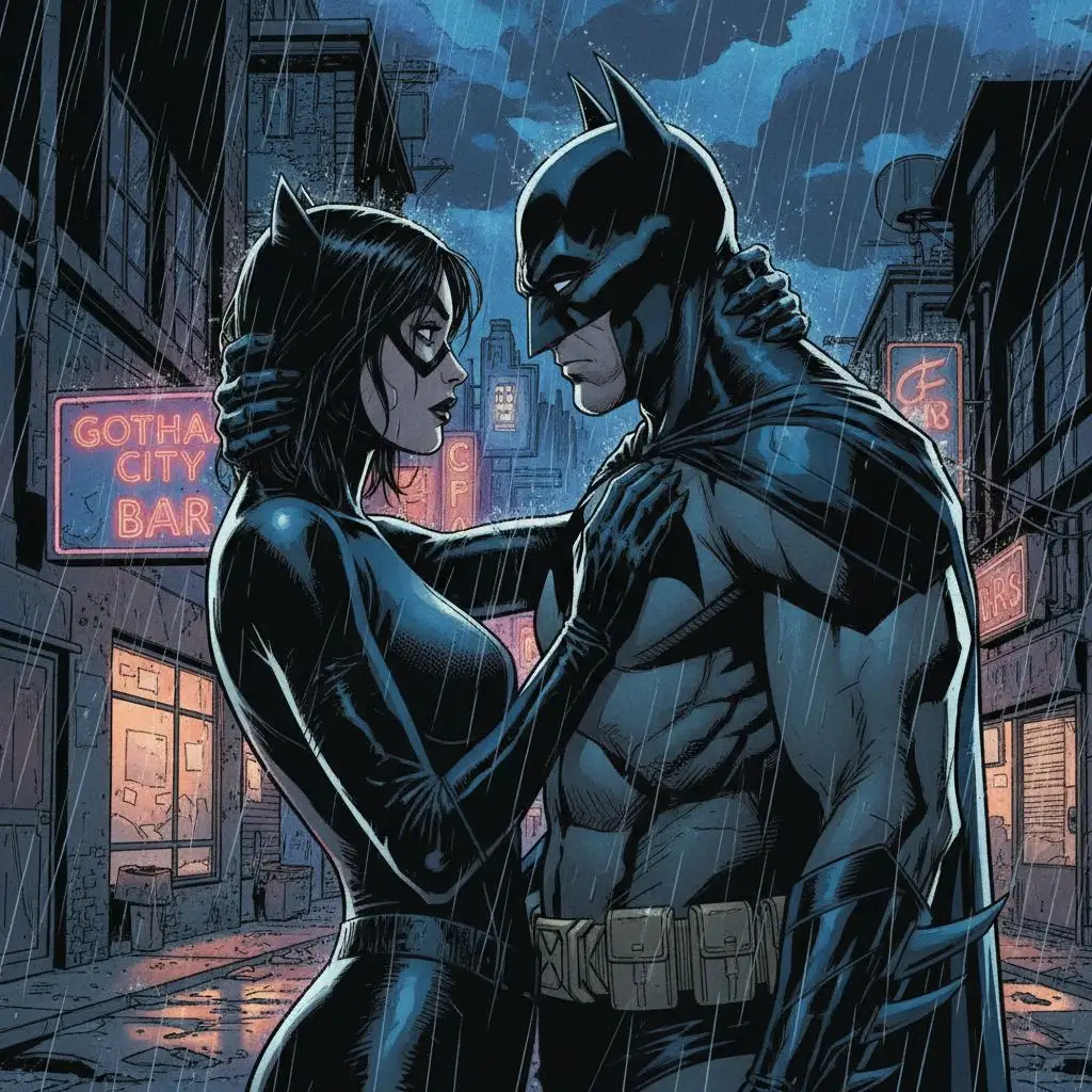 Batman and Catwoman in a rainy Gotham alley, noir comic art