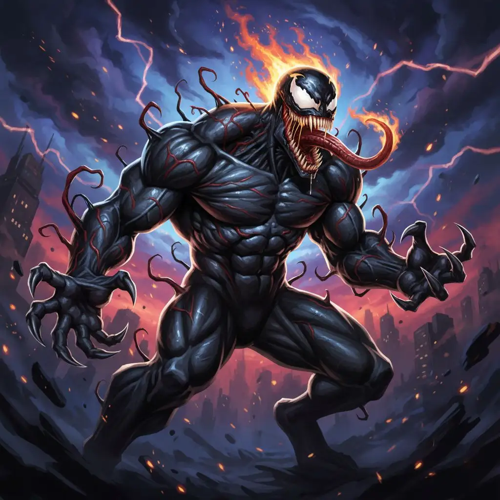 Spicy Venom fan art, exaggerated musculature, dark atmosphere.