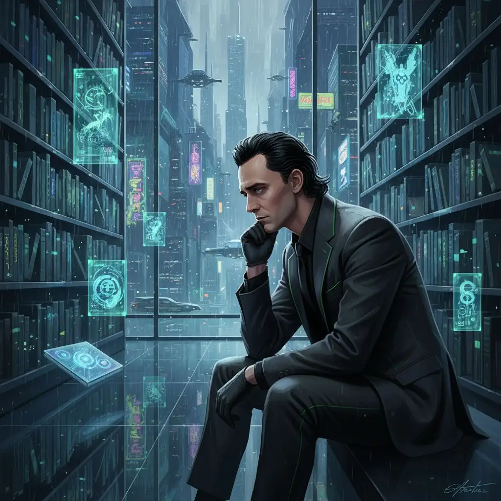 Contemplative Loki in futuristic library, neo-noir concept art.