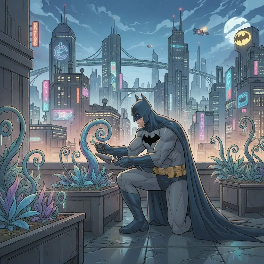 Batman tending a rooftop garden in futuristic Gotham, detailed comic art.