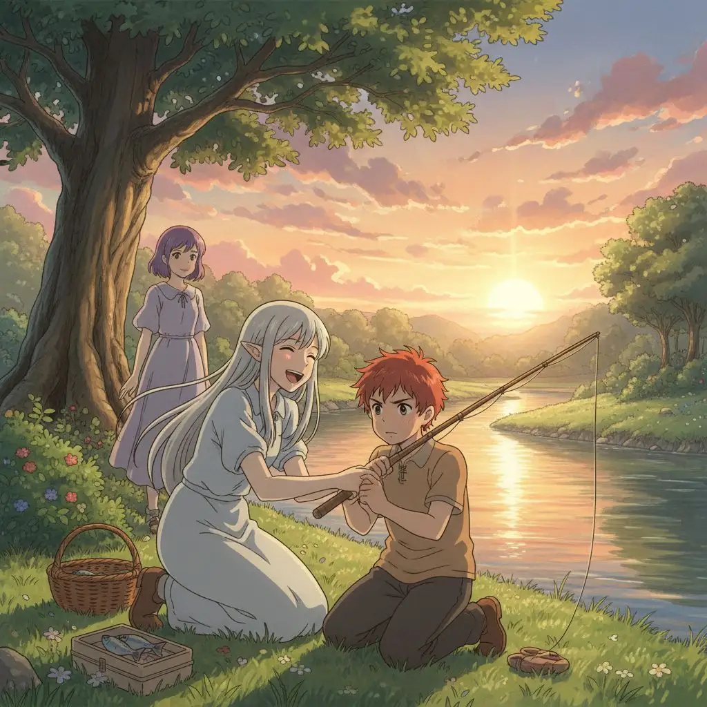 Frieren Fan Art: Frieren teaching Stark to fish, a heartwarming AI art scene.