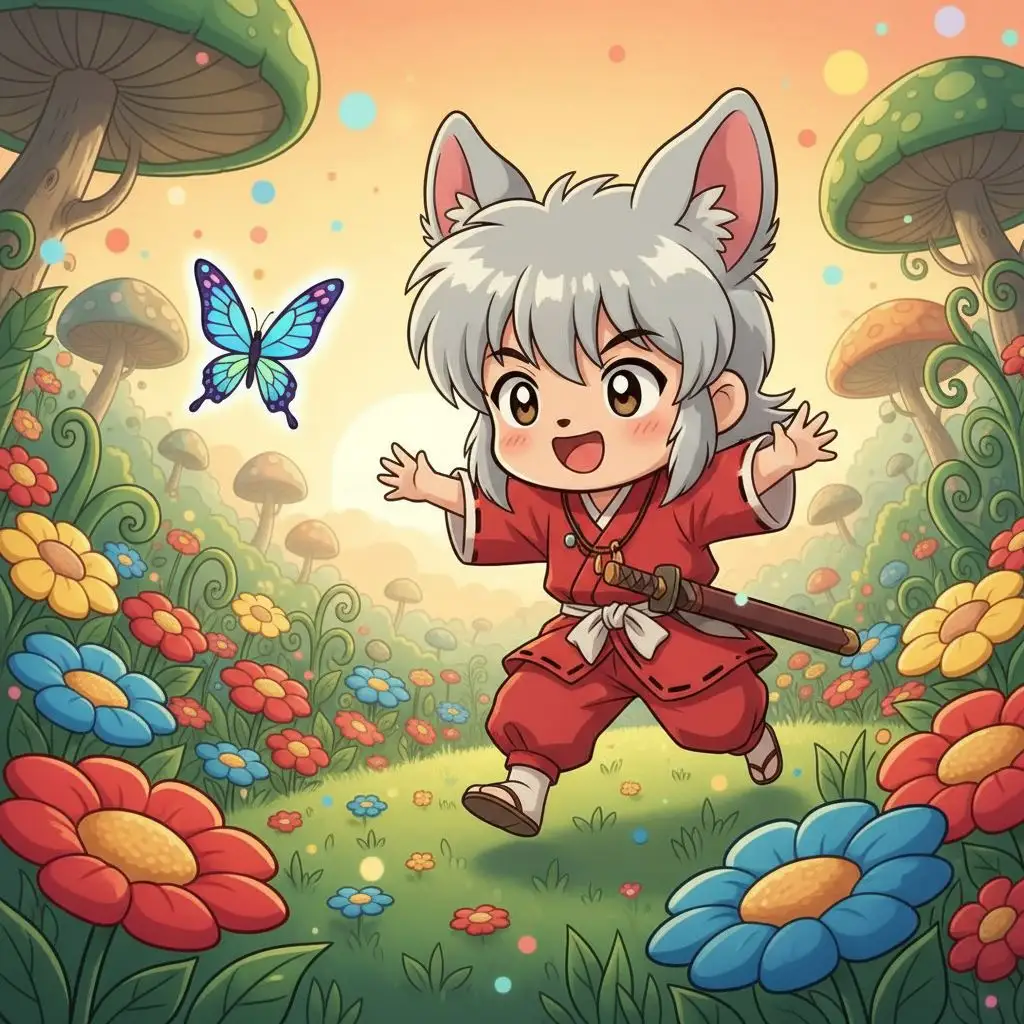Cute Inuyasha fan art, chibi style, playing in a field.