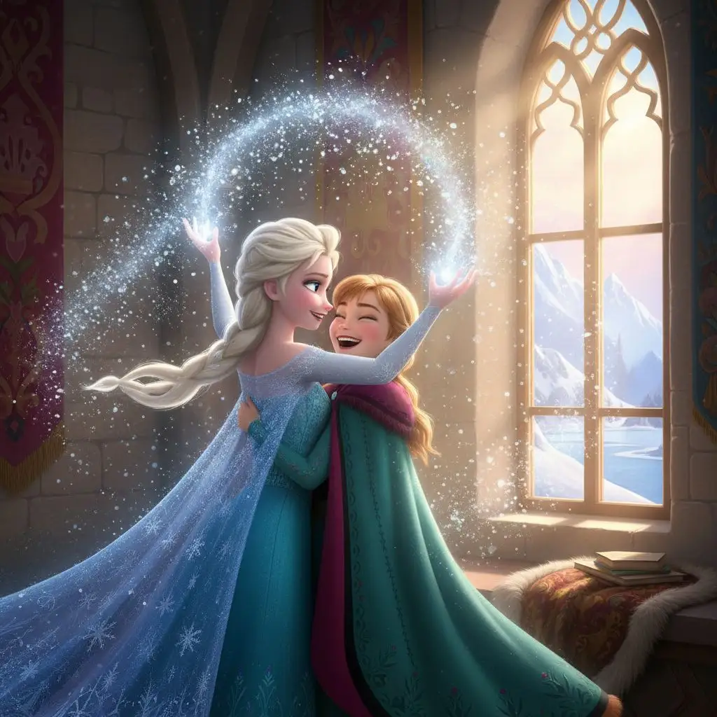 Elsa and Anna sharing a warm embrace amidst a snow flurry in Arendelle castle.