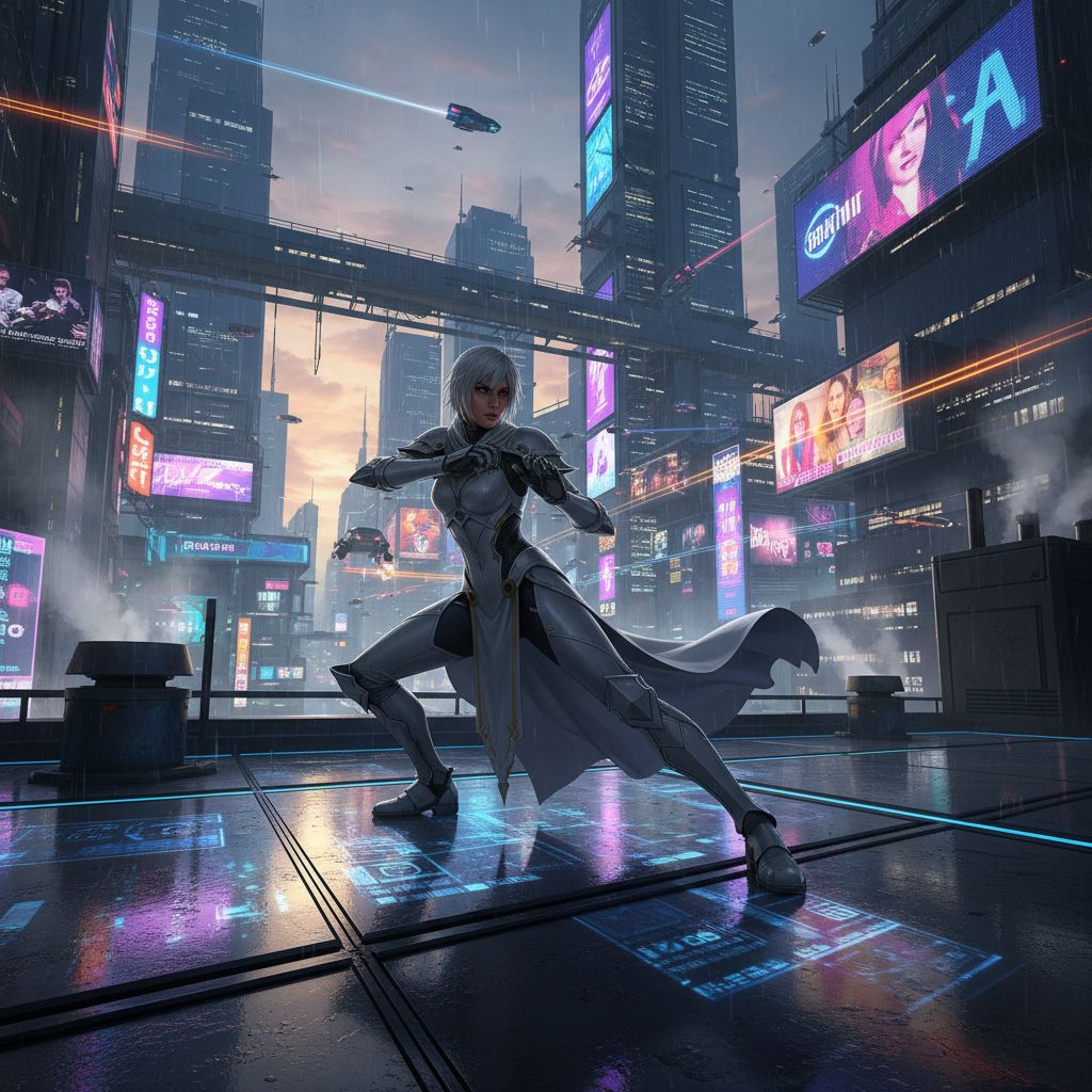 Jeanne practicing martial arts on a futuristic rooftop, cyberpunk aesthetic.