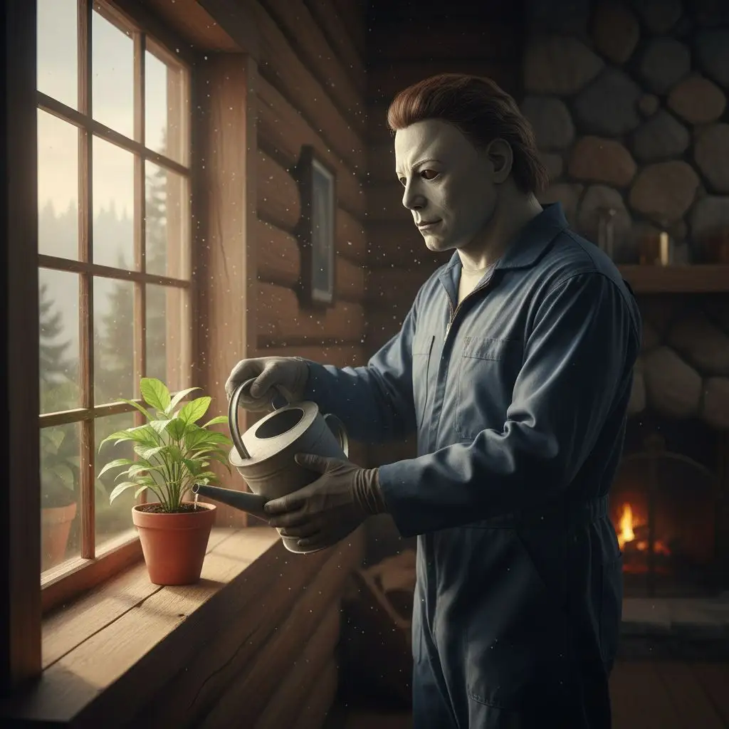 Michael Myers watering a plant by a window, realistic photographic style.