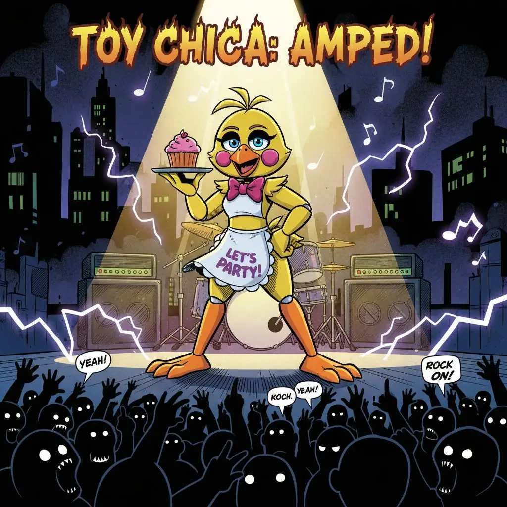 Confident Toy Chica performing on stage at a rock concert, comic book art style.