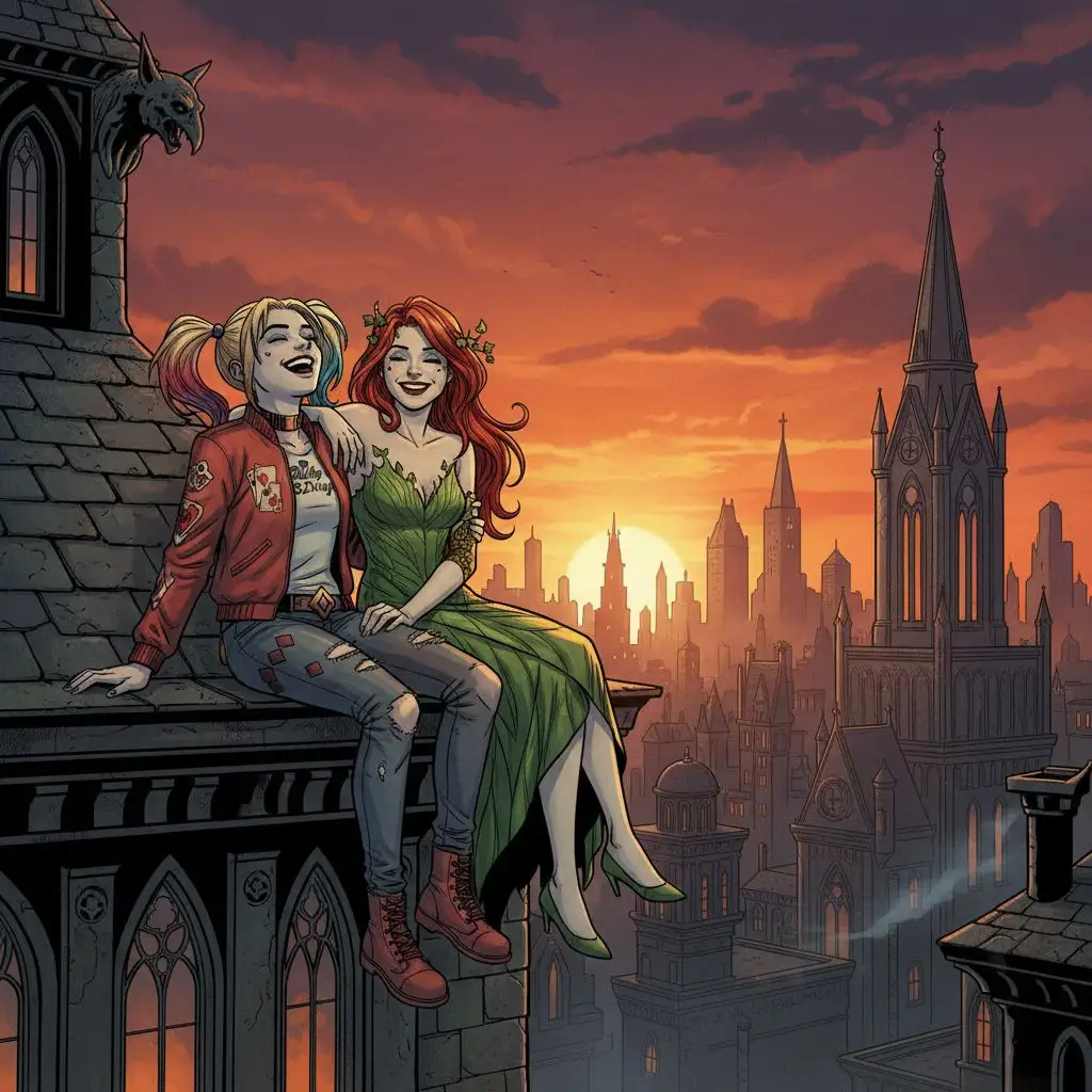 Harley Quinn and Poison Ivy laughing on a gothic city rooftop at sunset, comic art.