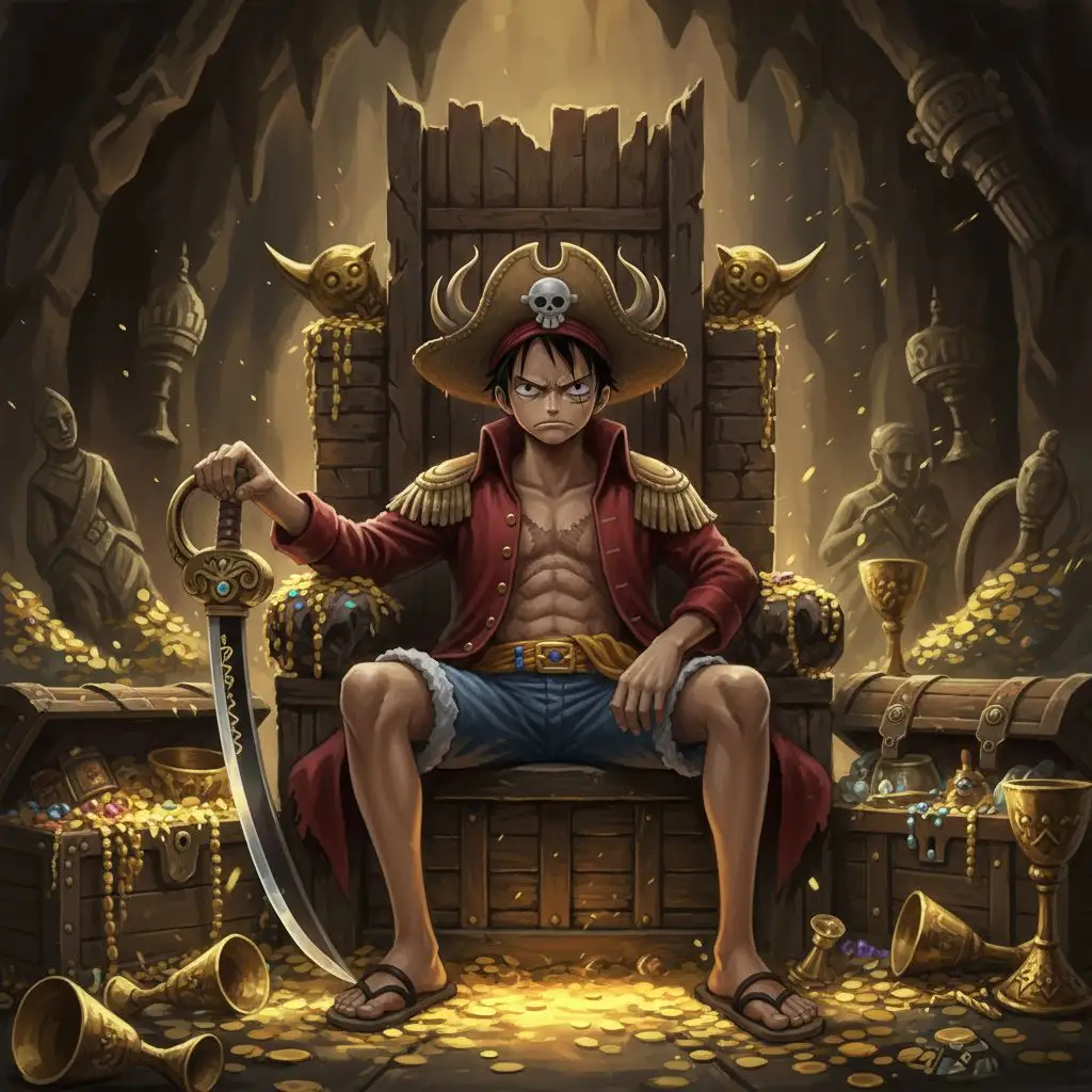 Luffy as Pirate King on a treasure throne in a dimly lit cave, epic illustration.