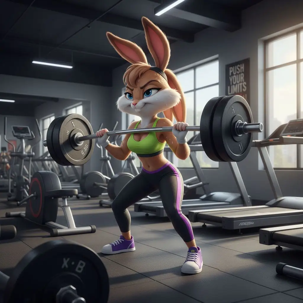 Lola Bunny working out intently in a modern gym.