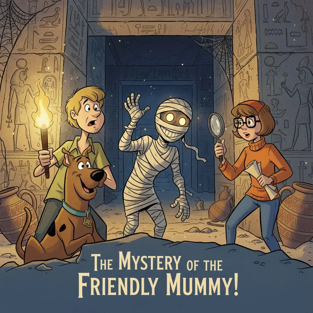Scooby Doo, Shaggy, and Velma exploring an Egyptian pyramid with a mummy.