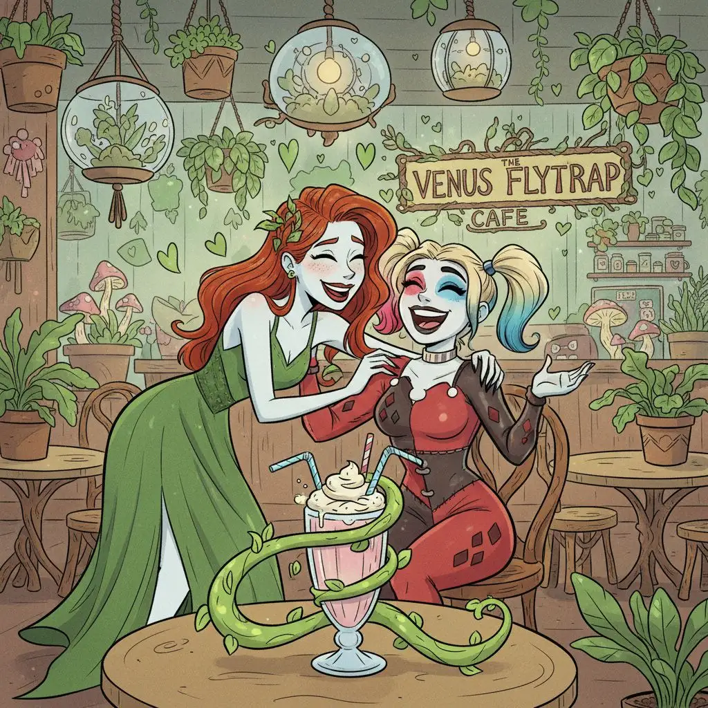 Harley Quinn and Poison Ivy date at a plant café, lighthearted cartoon art.