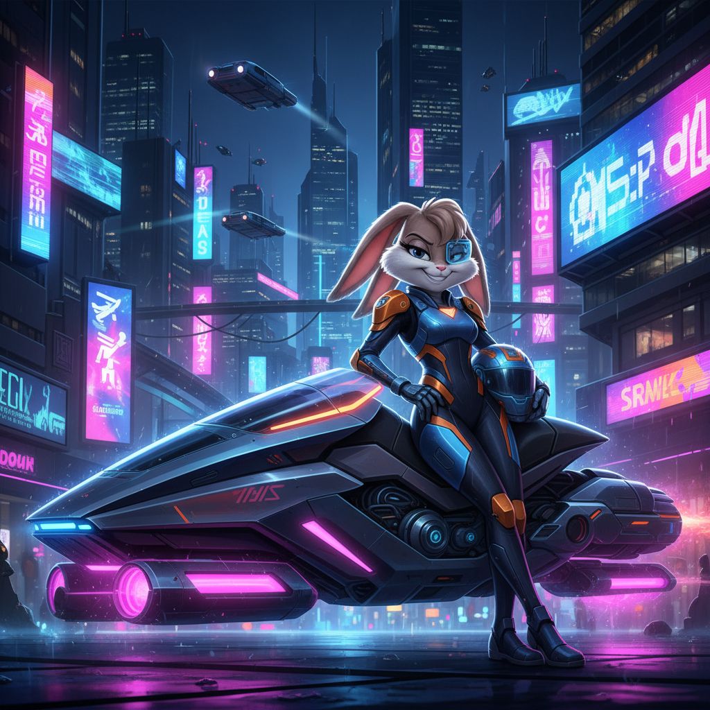 Lola Bunny as a futuristic racer with a hoverbike in a cyber city.
