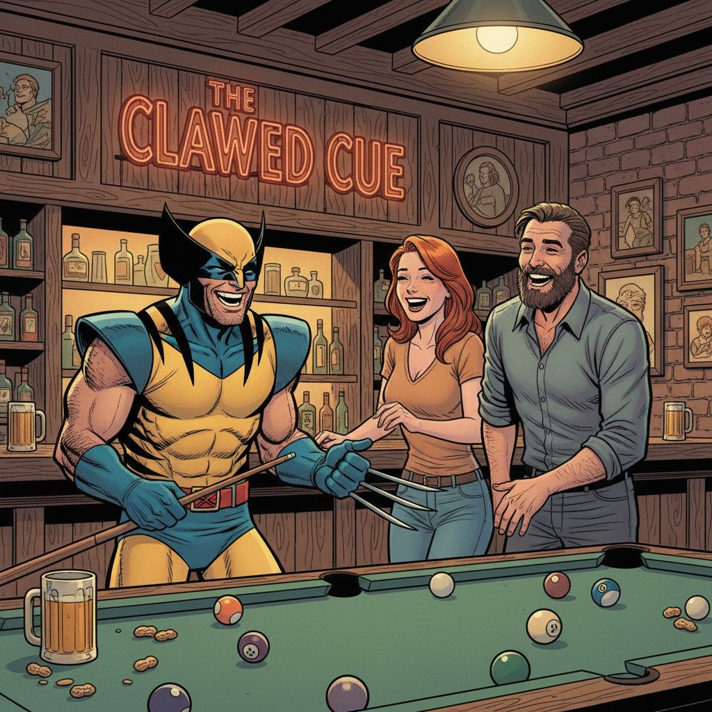 Wolverine playing pool with friends in a bar, comic book style.