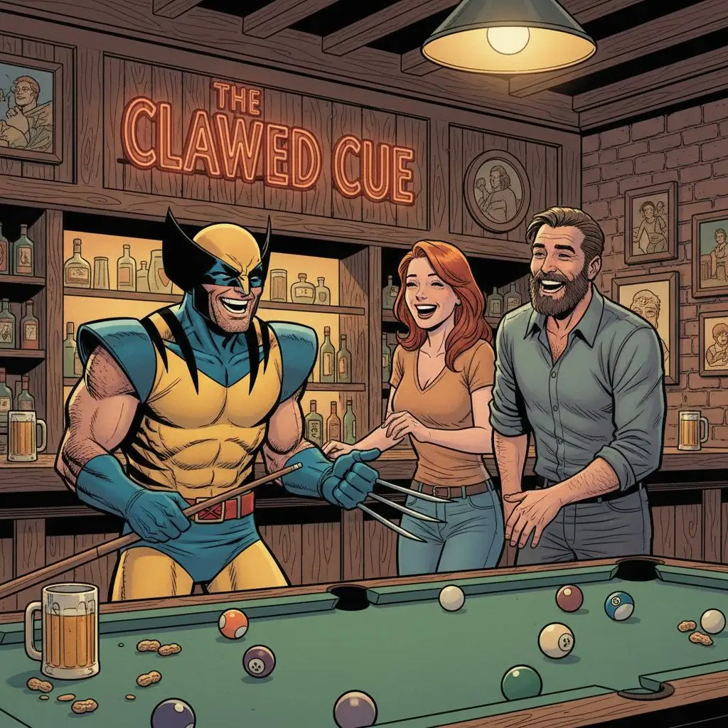 Wolverine playing pool with friends in a bar, comic book style.