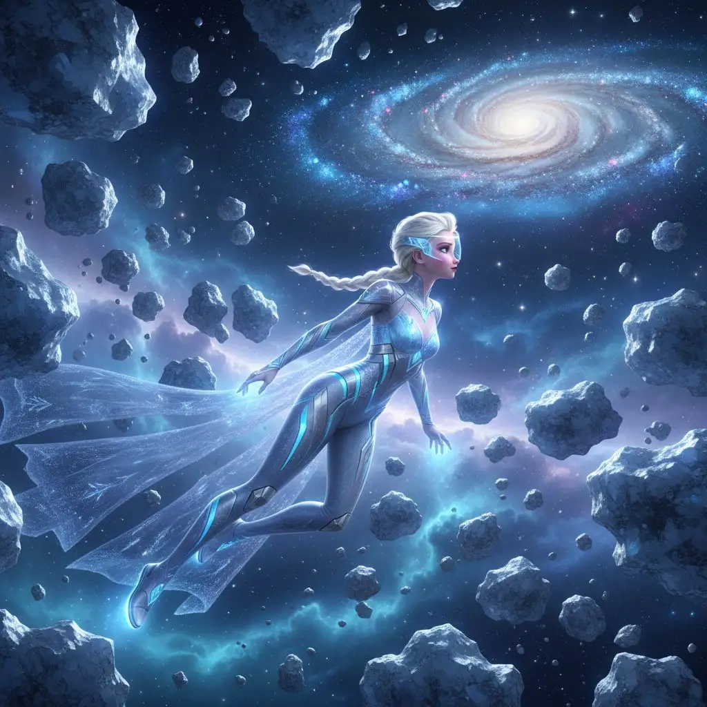 Elsa in a futuristic ice suit floating through a cosmic ice asteroid field.