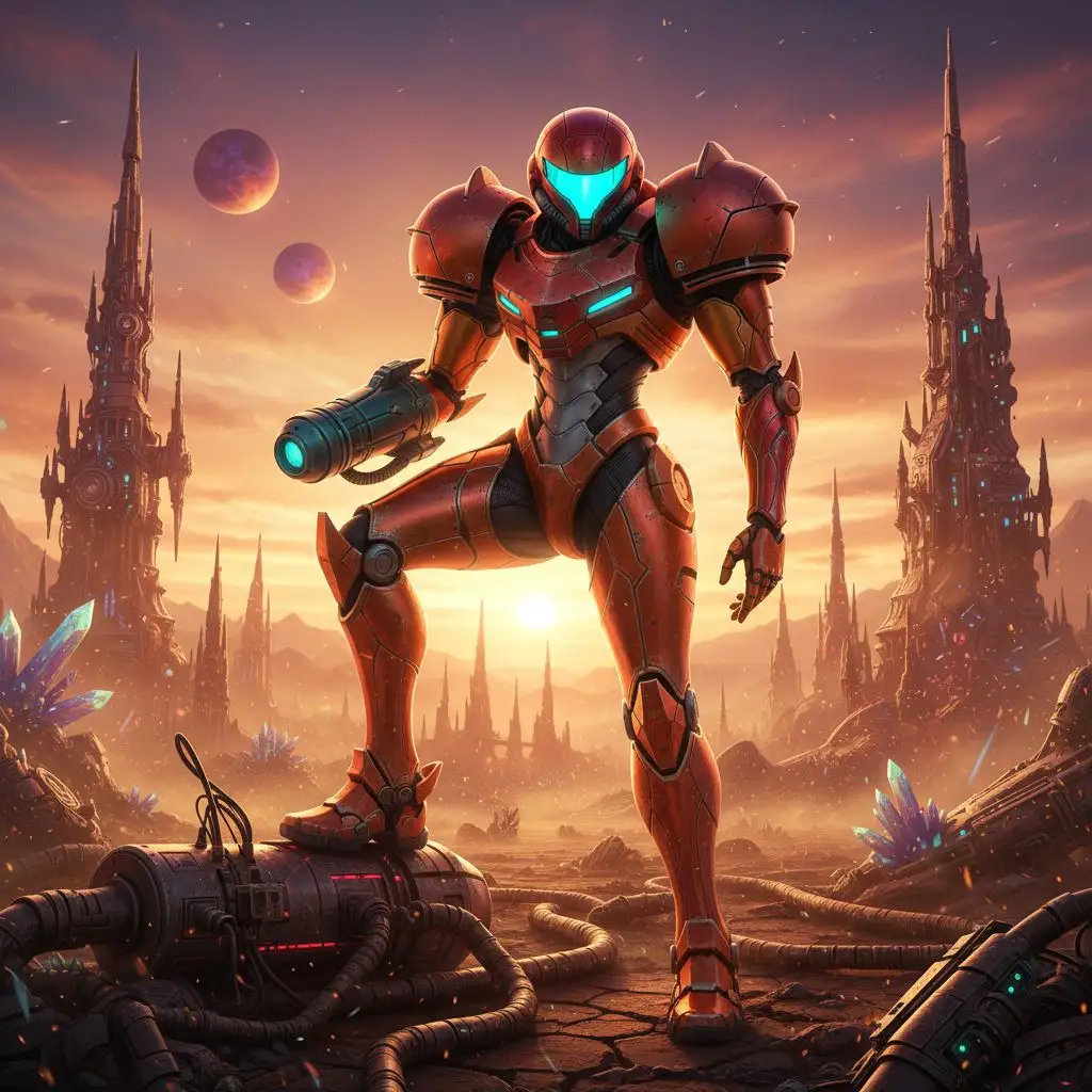 Heroic Samus Aran in Varia Suit on alien planet at sunset.