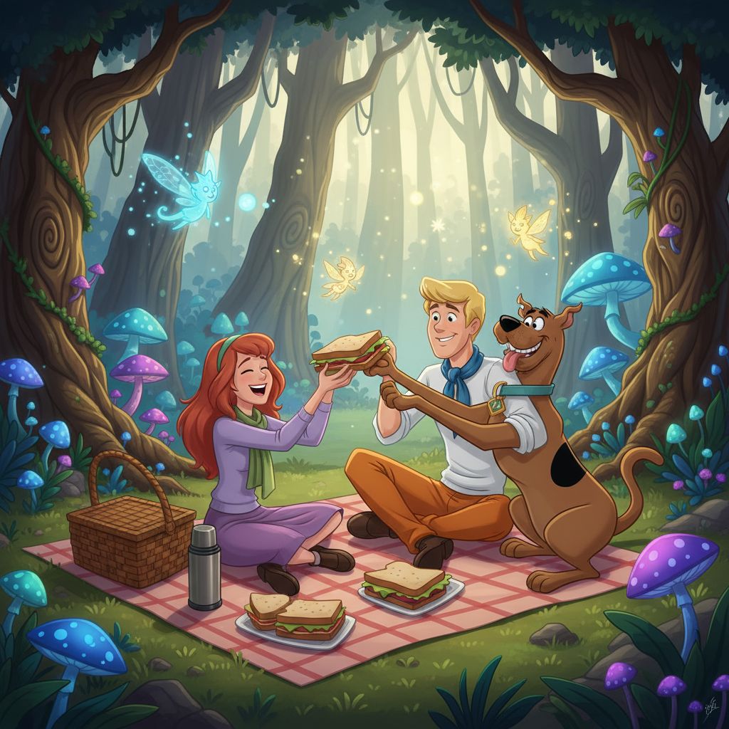 Daphne, Fred, and Scooby Doo having a picnic in an enchanted forest.