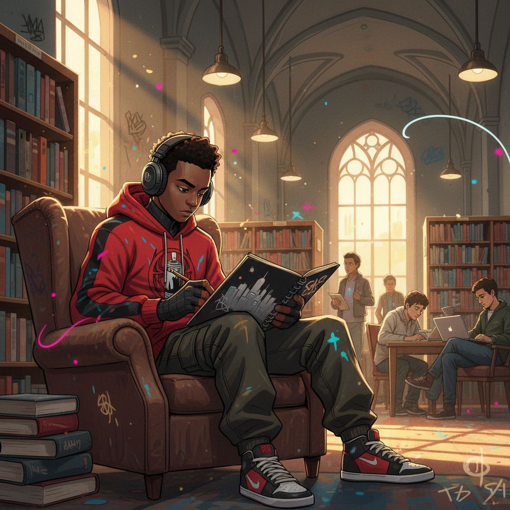 Miles Morales sketching in a library, headphones, street art aesthetic