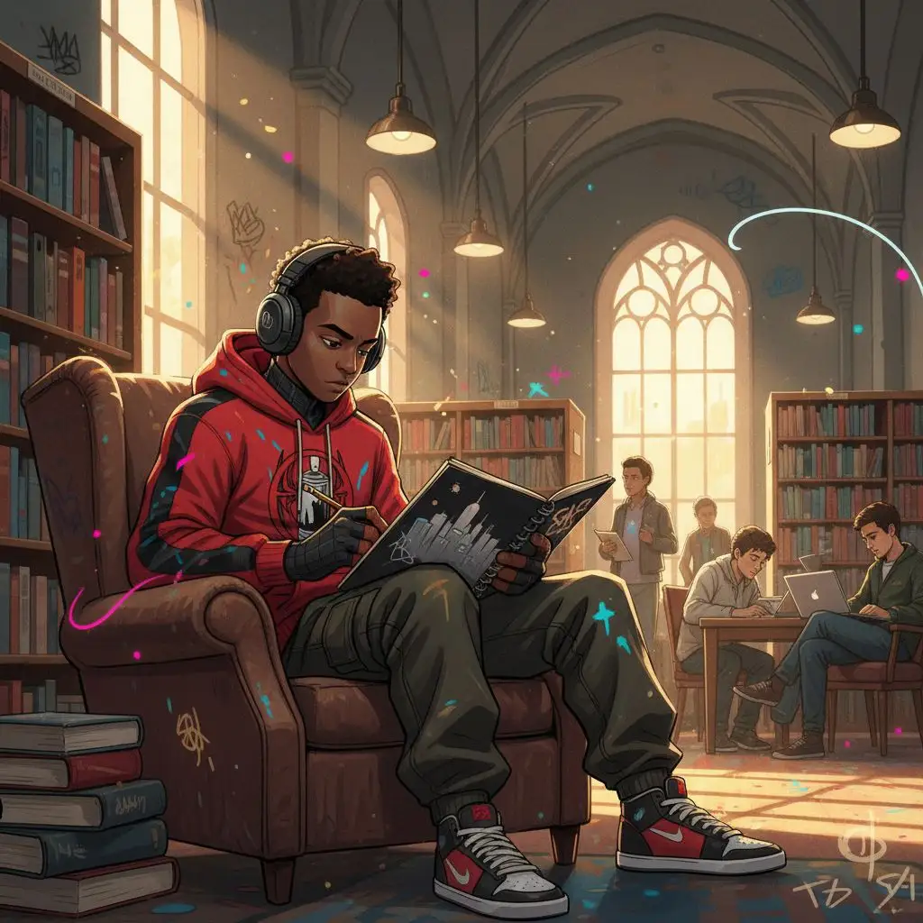 Miles Morales sketching in a library, headphones, street art aesthetic