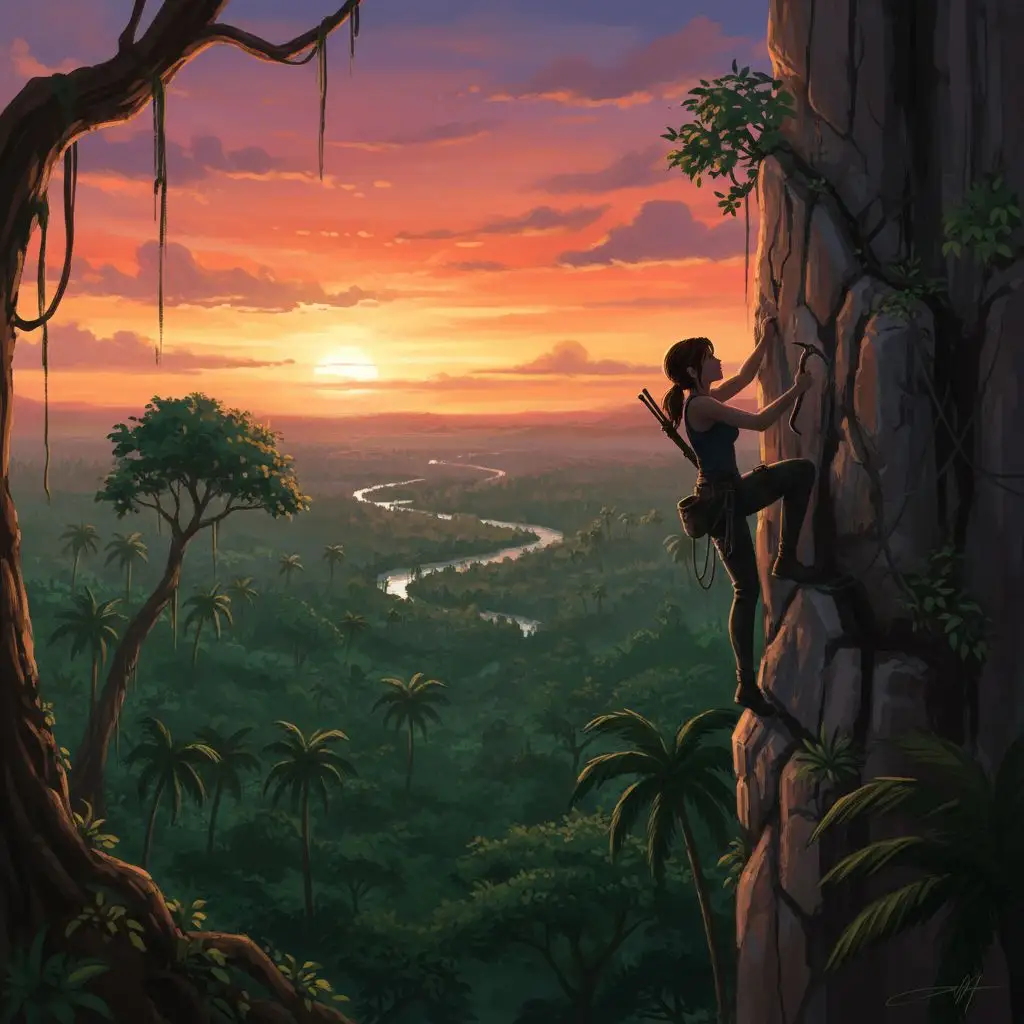 Lara Croft scaling a cliff overlooking a jungle, AI generated fan art.