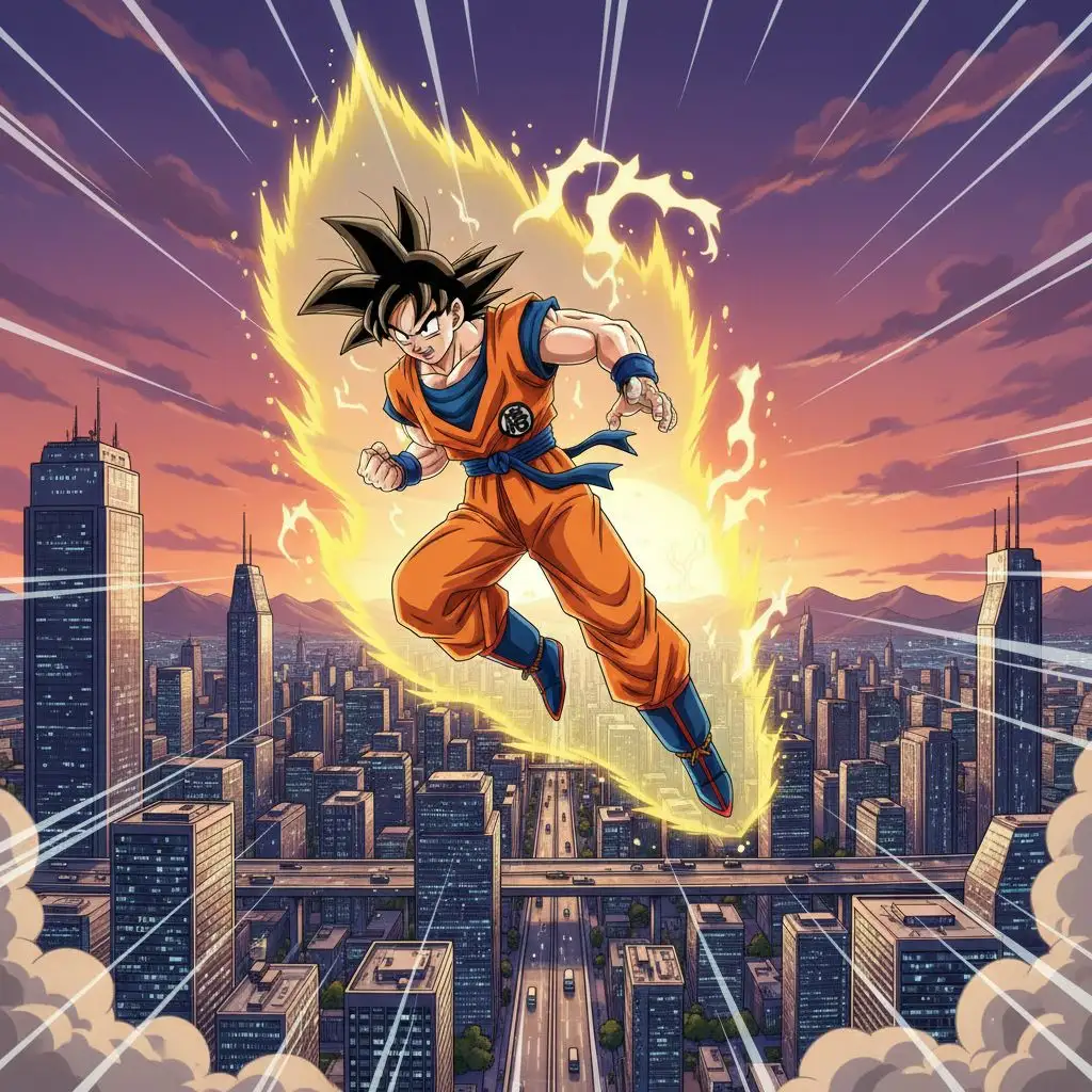 Dynamic Goku fan art featuring Goku flying over a city skyline at sunset in anime style.