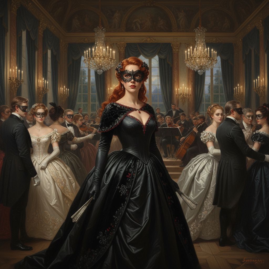 Black Widow in a ball gown at a masquerade, elegant party scene.