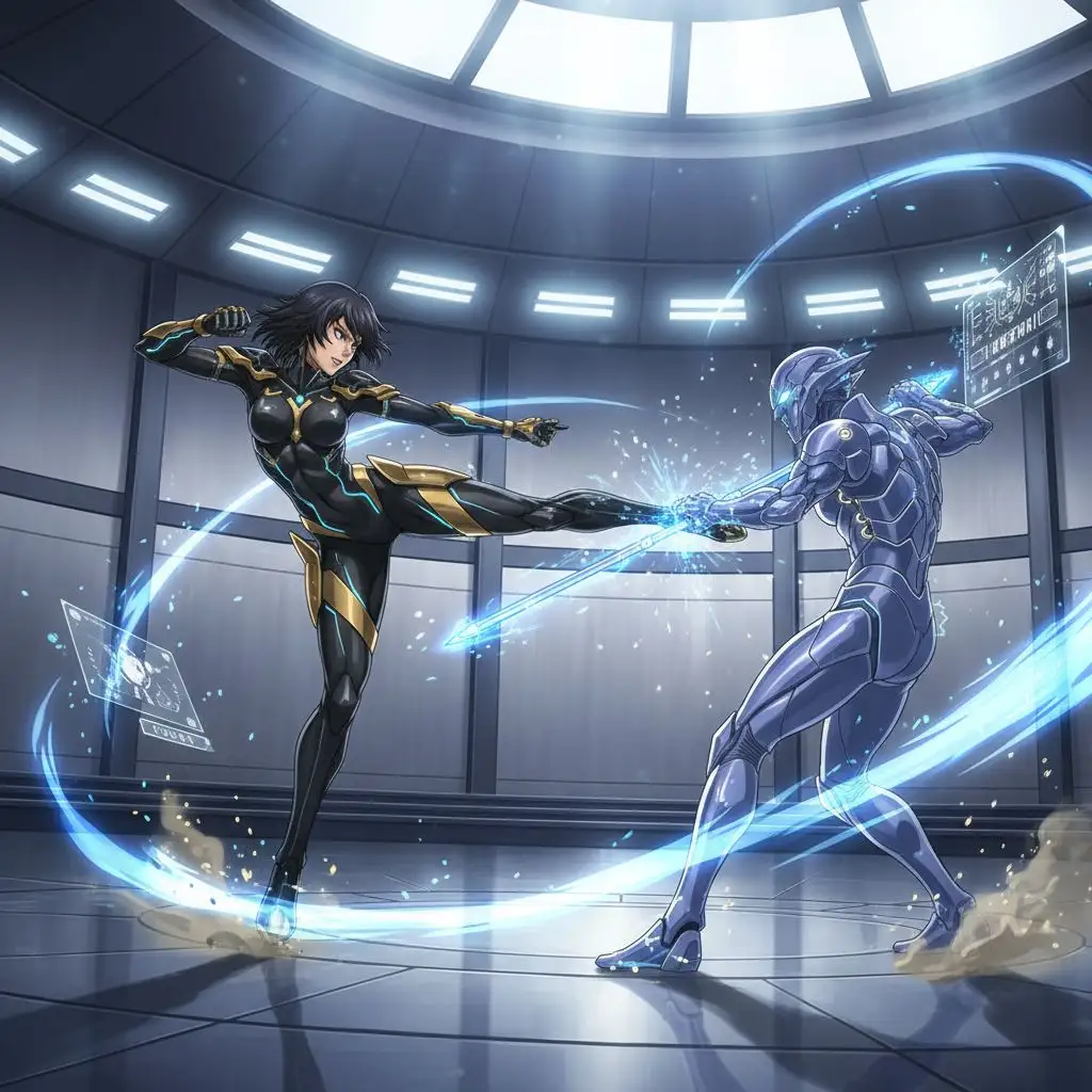 Yoruichi Fan Art of Yoruichi in futuristic combat suit training in a dojo