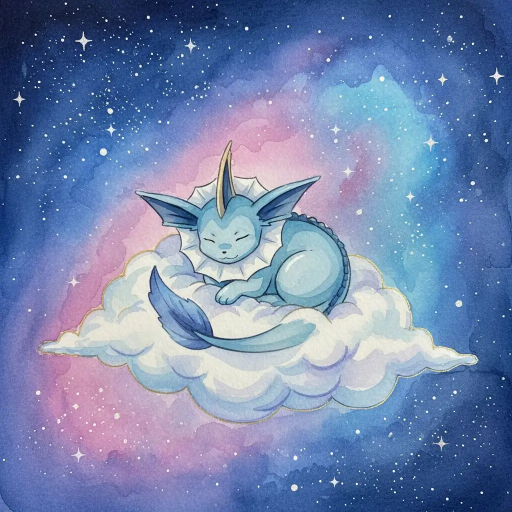 Vaporeon dreaming on a cloud under stars