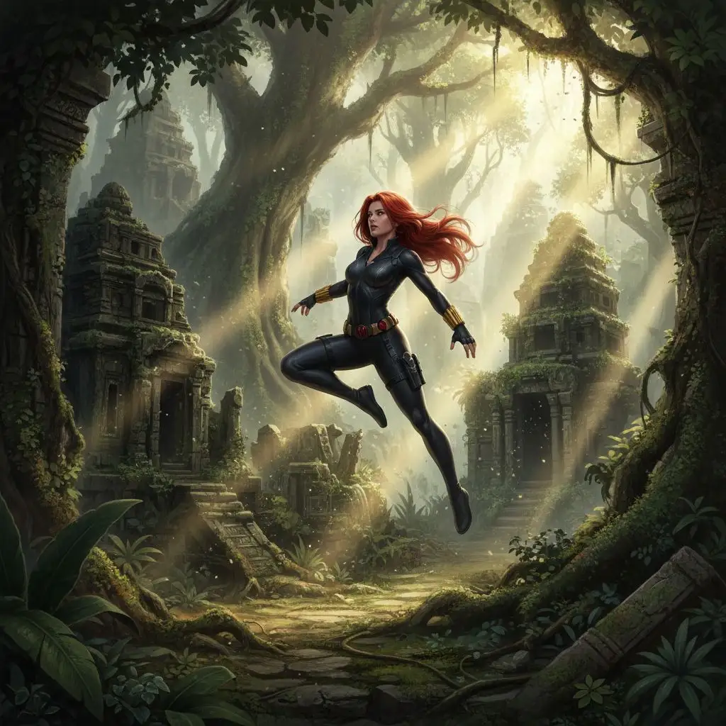 Black Widow leaping through jungle temple ruins, action pose.