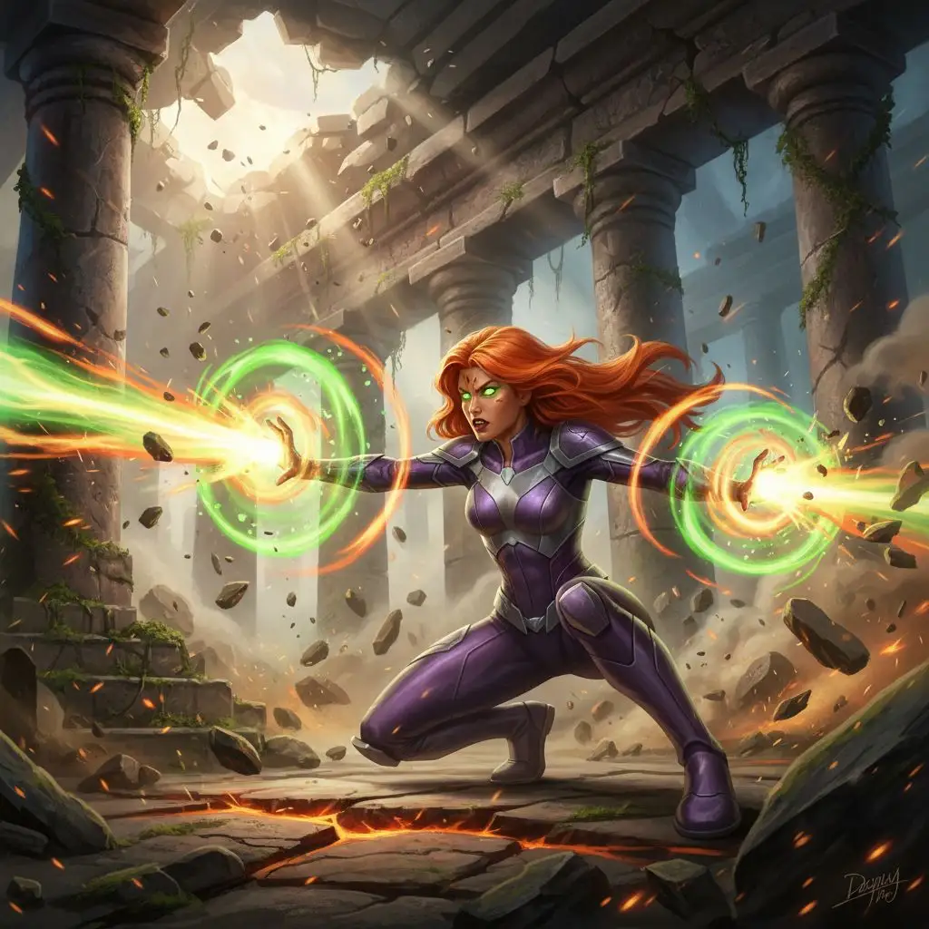 Starfire in battle stance, ancient temple, digital painting style