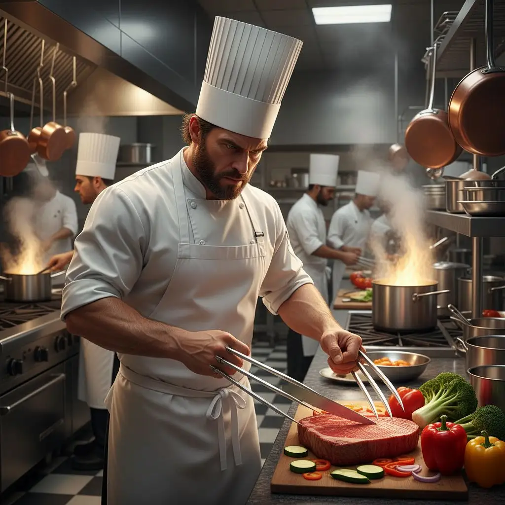 Wolverine as a chef in a gourmet kitchen, photorealistic style.