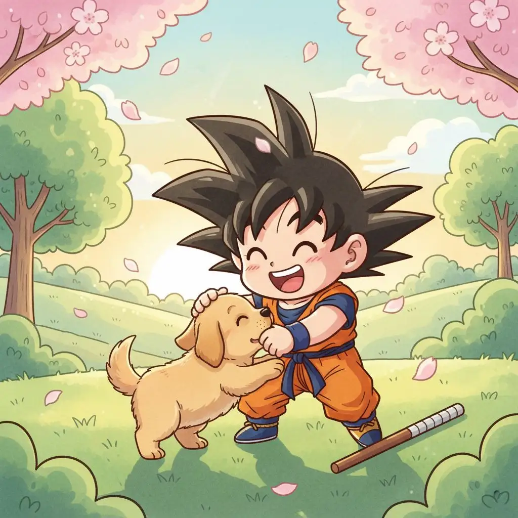 Chibi Goku fan art of Goku playing with a puppy in a park.