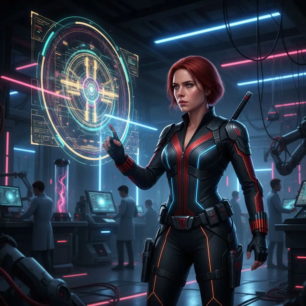 Black Widow analyzing data in a futuristic lab, sci-fi research scene.