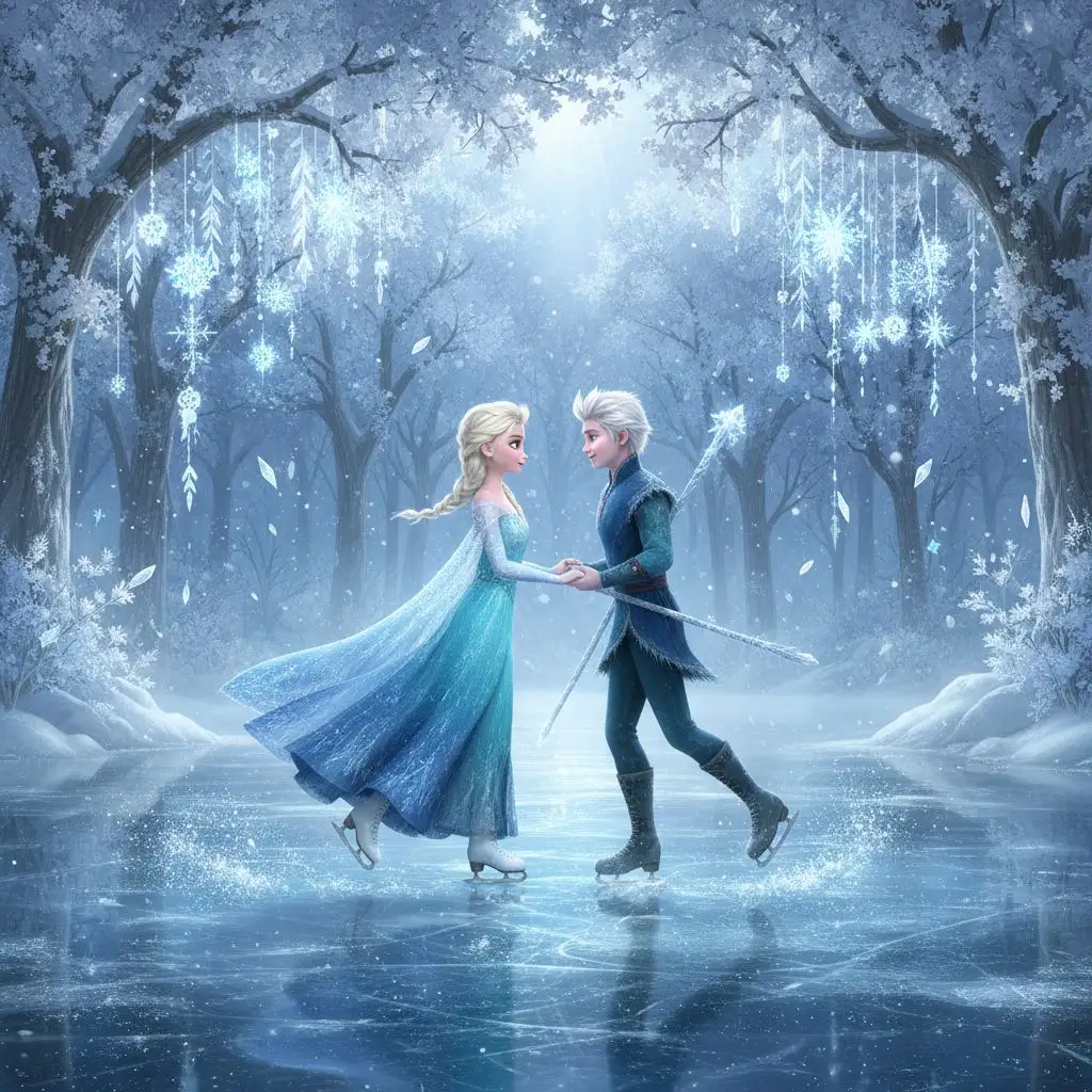 Elsa and Jack Frost ice skating on a magical frozen lake in a winter forest.