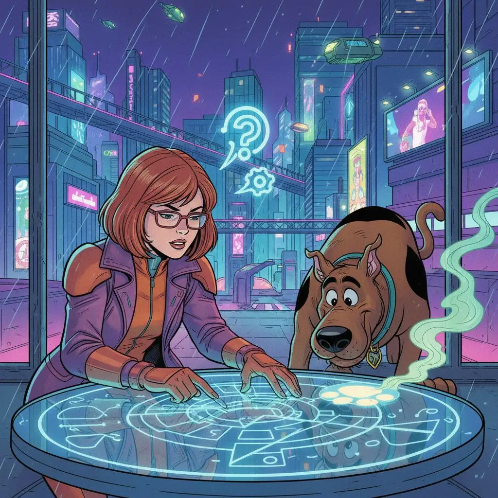 Daphne, Velma, and Scooby Doo solving a puzzle in a futuristic city.
