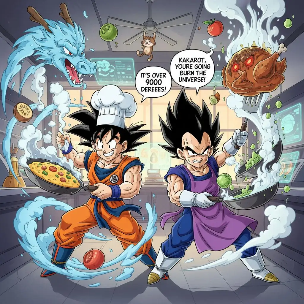 Goku x Vegeta fan art illustration of Goku and Vegeta cooking in a kitchen.